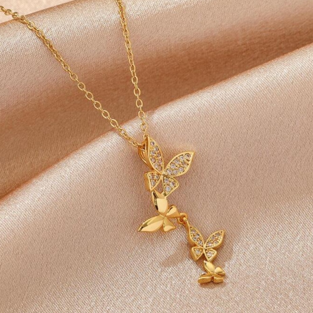 Gold plated stainless steel multi butterfly necklace